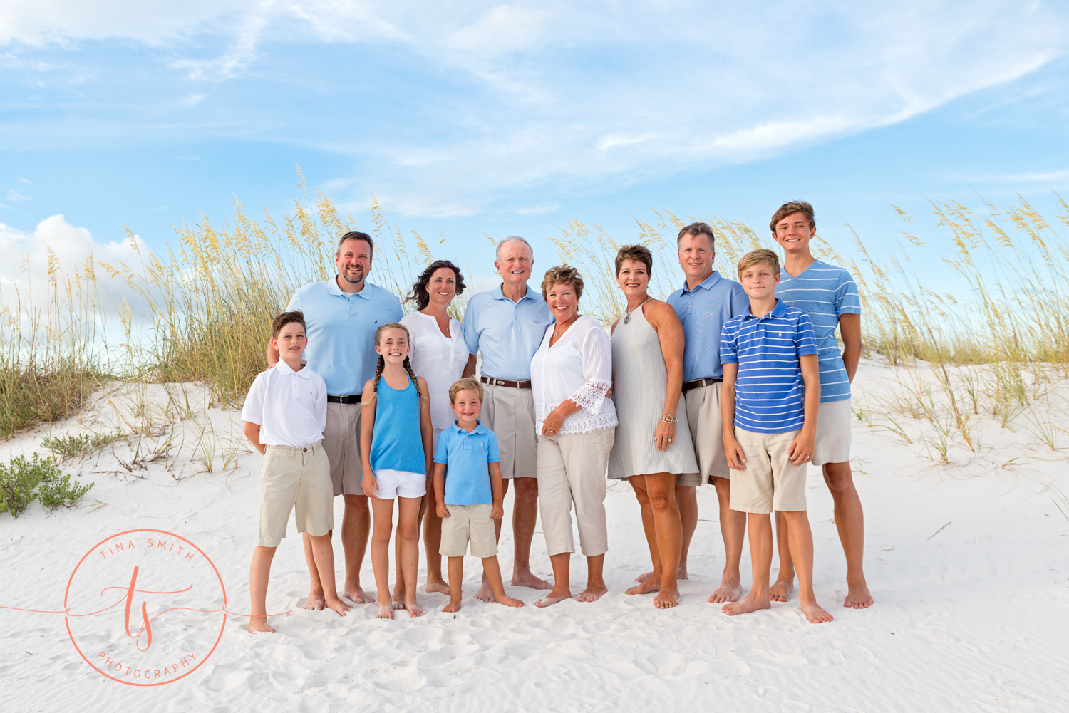 large extended family posing on the beach in destin for generational portrait