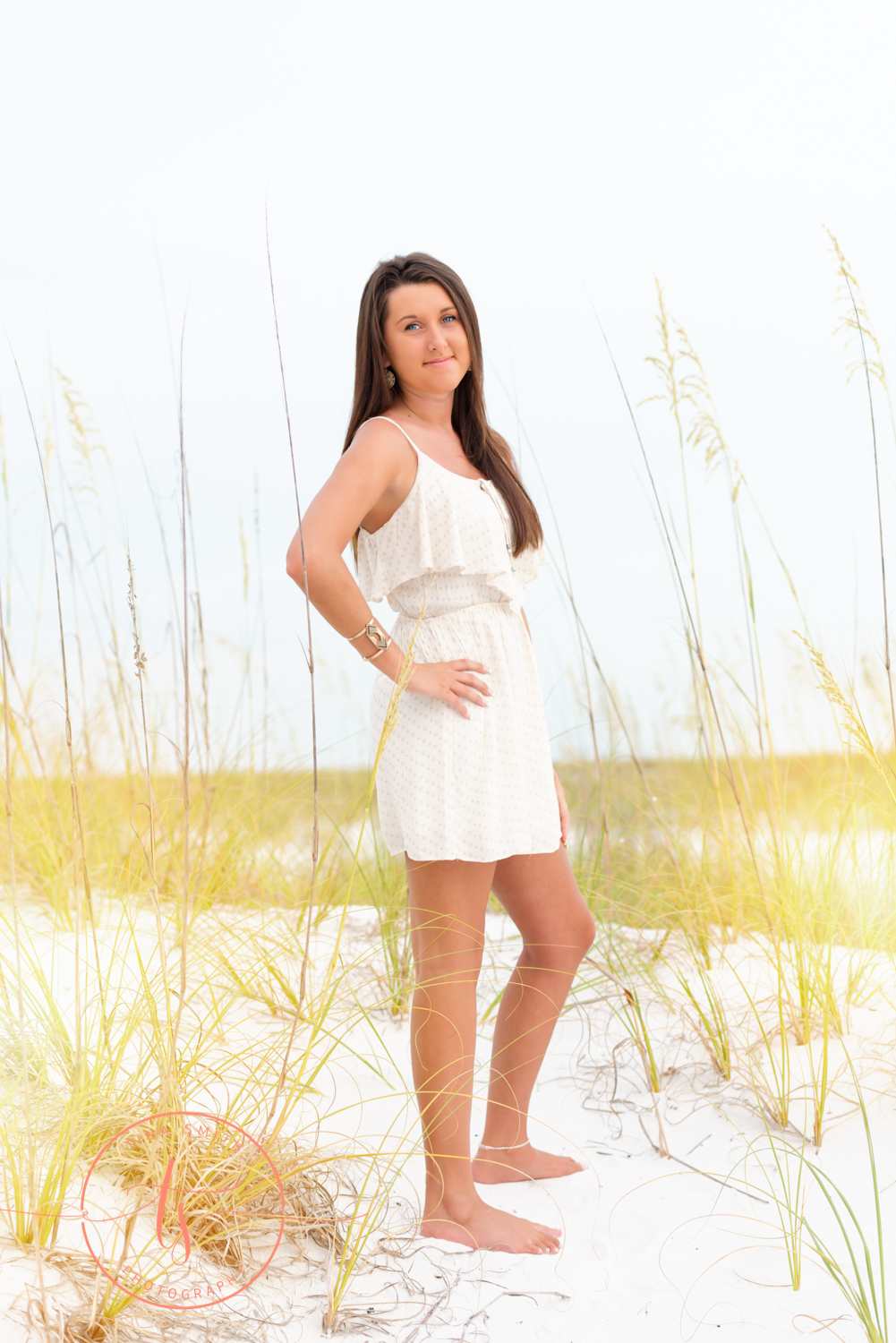 destin senior girl in white dress on beach for photography